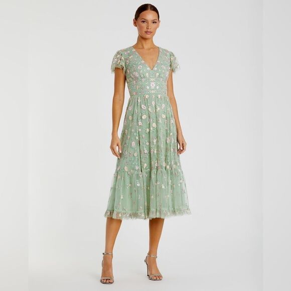 Mac Duggal Green Multicolor Embroidered V Neck Cap Sleeve Midi Dress 35104 - Picture 2 of 14